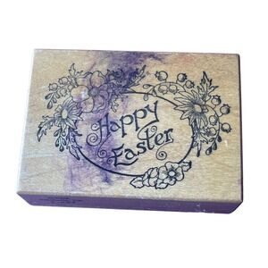 PSX Happy Easter Floral Wreath Wood Mounted Rubber Stamp F-657 Vintage Spring